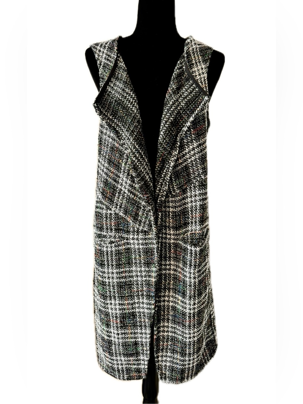 BCBGeneration Tweed Longline Open Vest Duster Plaid Sleeveless Jacket M - Picture 2 of 8
